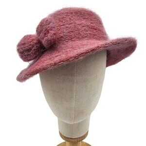 Pink Mohair Wool Blend Cloche Hat Bow Retro Bucket Mauve Soft Winter Fall Womens